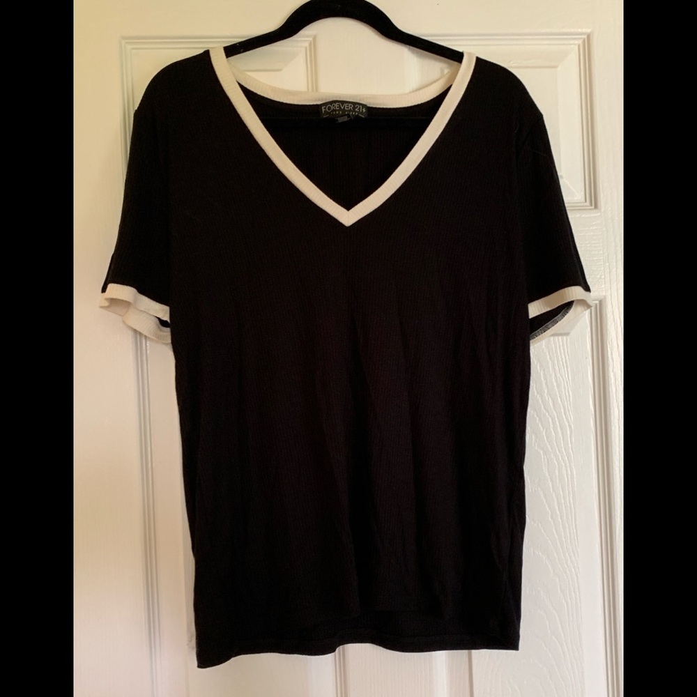 Black Ribbed Deep V-Neck T-Shirt with White Trim